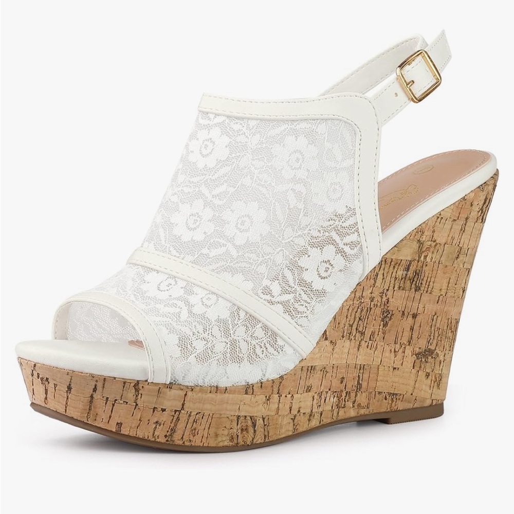 Perphy Lace Platform Heel Slingback Wedges Sandals for Women size 9